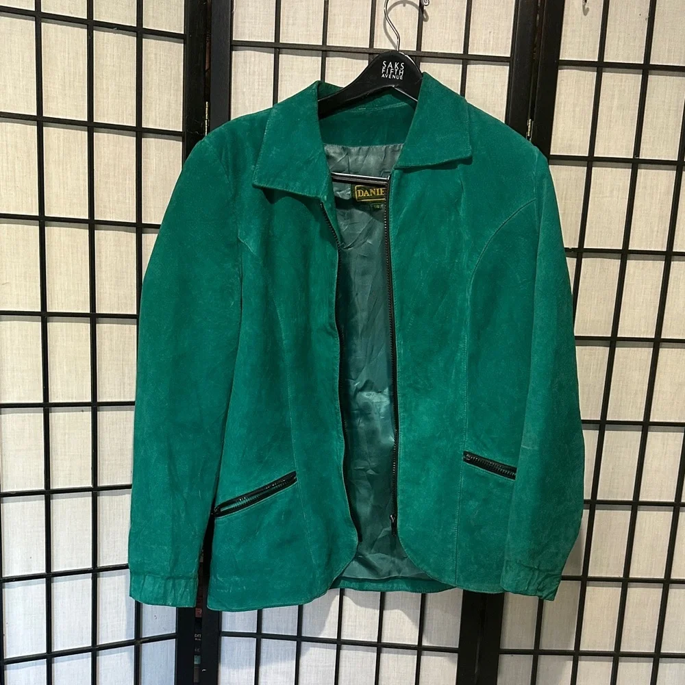 Danier Vintage Emerald Green Suede Leather Blazer Satin Lined Canada Large - Picture 1 of 10